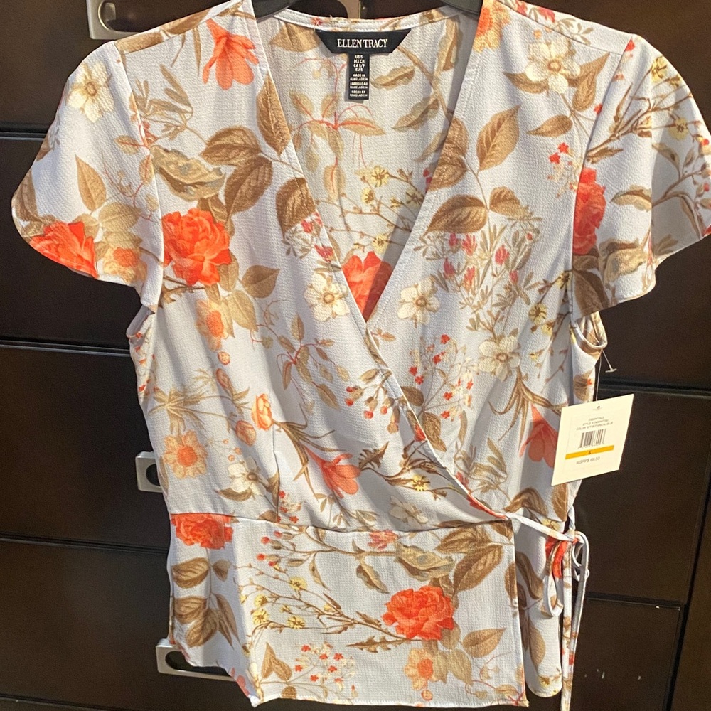 Ellen Tracy Women's Floral Wrap Blouse - Light Blue with Orange and Brown